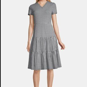 Lands End Dress Black White Gingham Check Tiered V-Neck Jersey Knit Size M